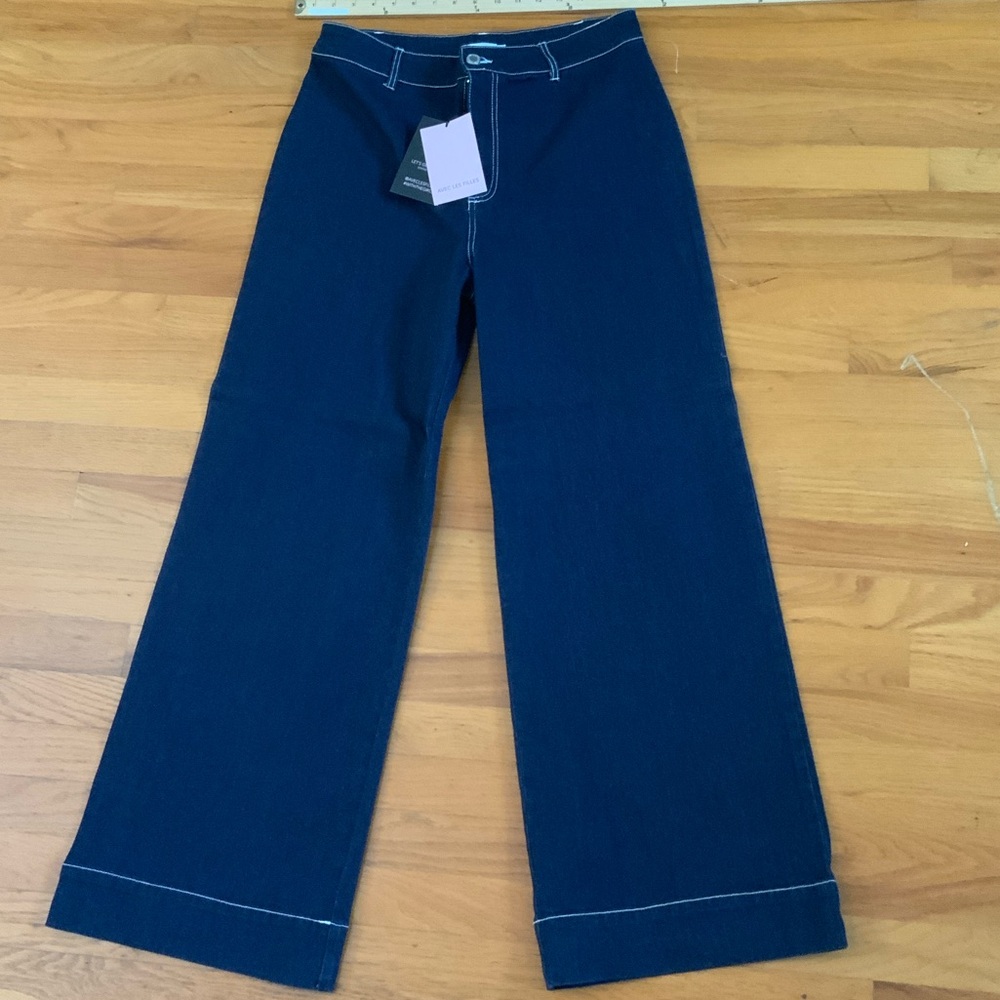 Avec Les Filles Dark Navy Wide-Leg Jeans with White Topstitching - Picture 1 of 4